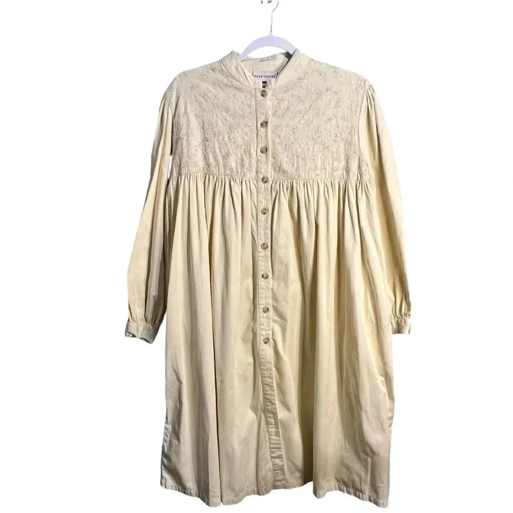 Vintage Past Times Ivory Smock Victorian Edwardian Peasant Dress Embroidered S M